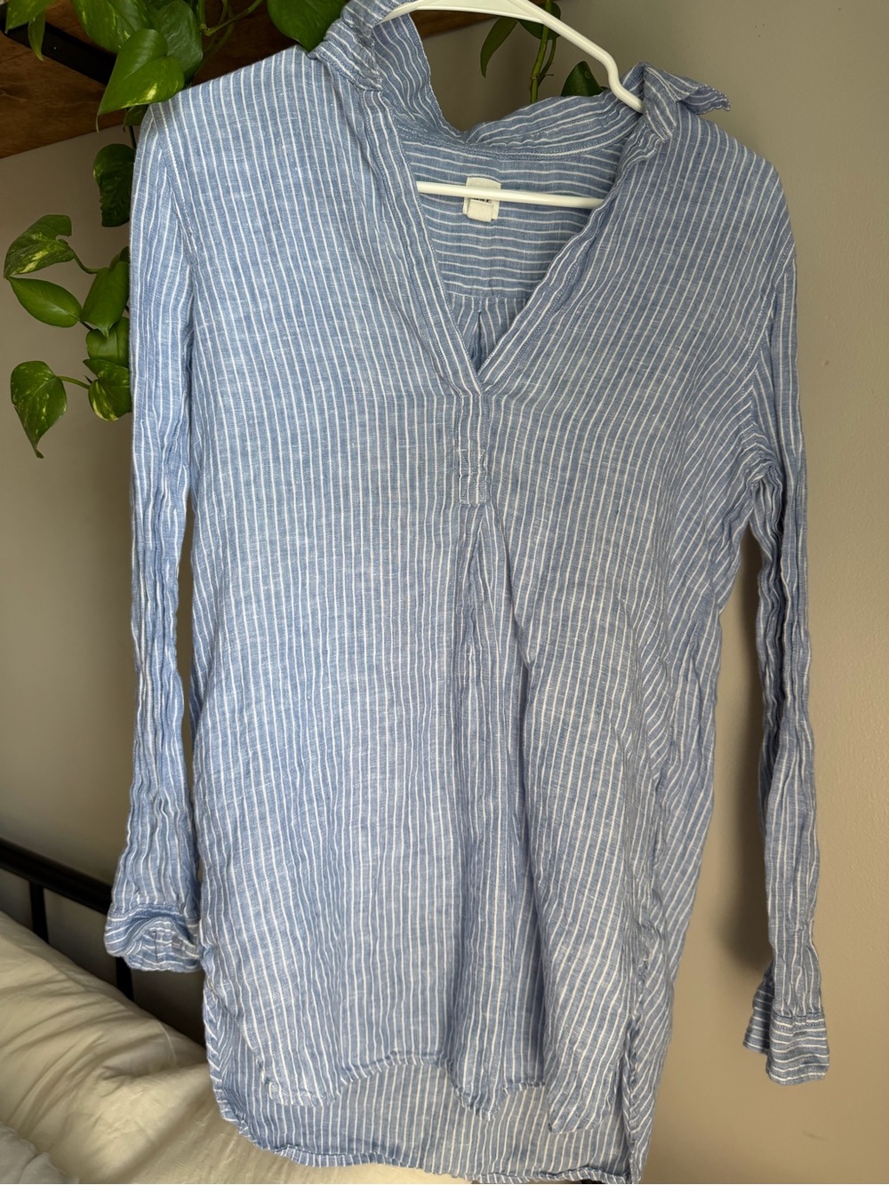GAP Light Blue and White Striped V-Neck Shirt